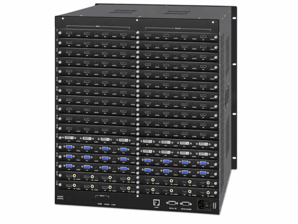 铭创 MCZN HC72PWPXL 72进72出4K无缝切换混合插卡矩阵主机背面45度产品图